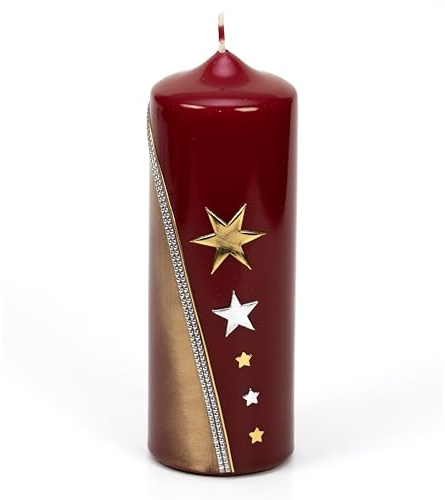 Adventskerze Sterne von Flügel, 17cm x 6 cm, von Hand verziert (Rot)