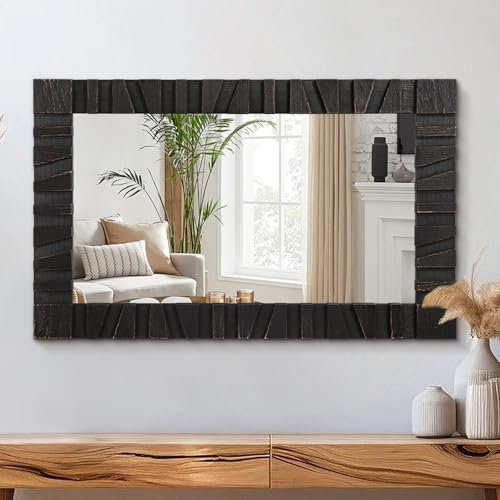 Miroir Encadré Bambou Finition Naturelle 45 x 65 cm Rectangulaire Vertical Horizontal Élégant Miroir Mural pour Salon Bureau Salle de Bain Cuisine Design