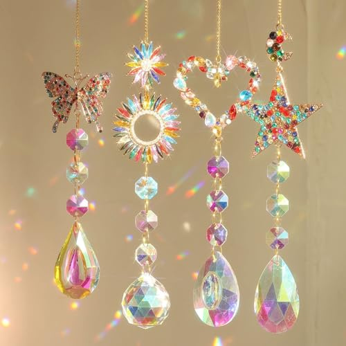 BDHYYM 4 Stück Sonnenfänger Kristall Fenster Suncatcher Kristall | Kristalle zum Aufhängen Regenbogen Klarglas Kristallkugel Prisma Anhänger für Fenster Zuhause Gartendeko