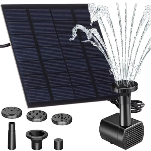 Solarbrunnen für Gartenteich & 3m Kabel 4 Sprühdüsen - eingebauter Filter - Austauschbaren Düsen und Integriertem Filter für Dekorative Wasserspiele 25184