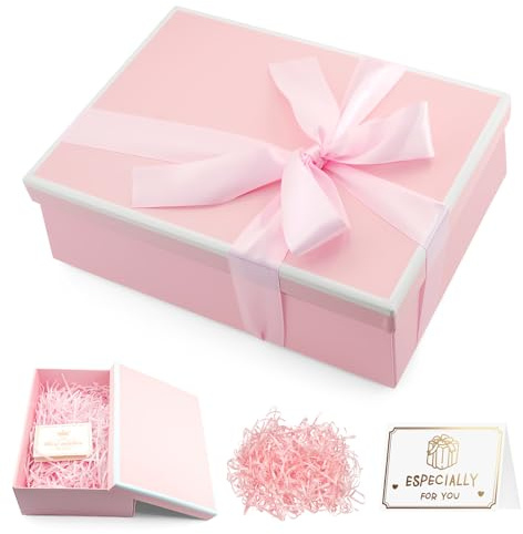 Geschenkbox mit Deckel, 25x18x9cm Premium Geschenk Box mit Schleifen Grußkarten und Raffia, Faltbare Geschenkbox Geburtstag für Valentinstag Weihnachten Hochzeitstag Jubiläen (Rosa)