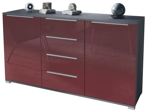 Vladon Sideboard Linio V1, Anrichte mit 2 Türen und 4 Schubladen, Anthrazit matt/Bordeaux Hochglanz (138,5 x 75,5 x 35 cm)