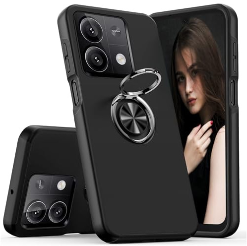 Kaywzo Hülle für Xiaomi Redmi Note 13 5G,Im Freien Handyhülle mit Unsichtbare Magnetisch Ring Ständer,PC & TPU Stoßstange Multi-Layer Stoßfest Schutzhülle Case Cover,Schwarz
