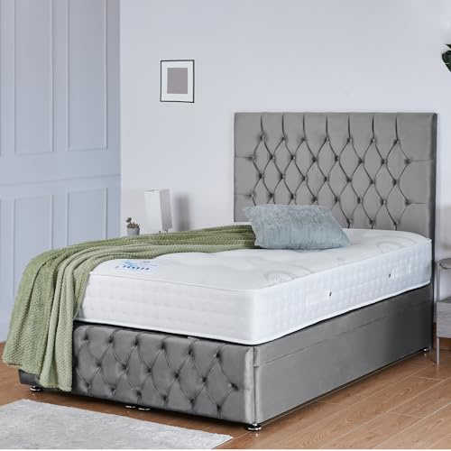Living Comfort Bedz Mayfair Divan Ottoman Bed Frame | Plush Velvet Upholstered with 54 Headboard, 13.5 Footboard | Wooden Storage Base (Grey, 4FT6 Double - With Mattress)