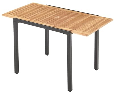 EROMMY Outdoor Dining Table,Extendable,with 8cm Parasol Hole,with Wooden Tabletop and Black Metal Frame