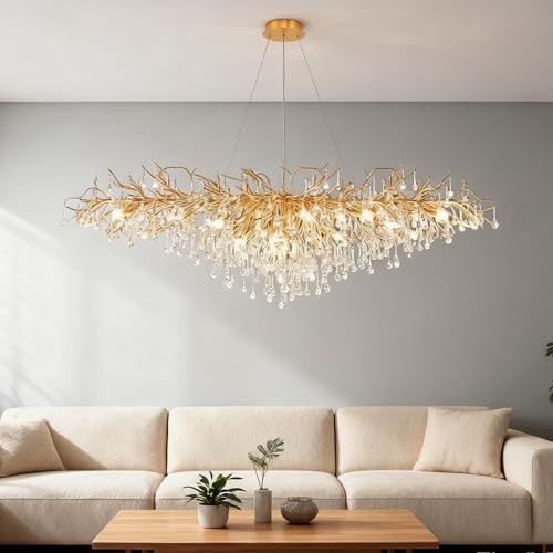 Leomix 12-Licht Goldene Luxus-Rectangular-Kristall-Regentropfen-Leuchter, Ast-Design-Hängelampe | Länge 120cm, Ideal für Kücheninsel, Wohnzimmer, Esszimmer, Flur und Eingangsbereich
