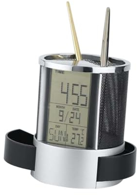 ULTECHNOVO Multifunktionaler Stiftehalter mit Digitaler Uhr Kalender Temperaturanzeige und Countdown Schwarzer Edelstahl drahtkorb für Büro und Schreibtisch Integrierte zur Aufbewahrung