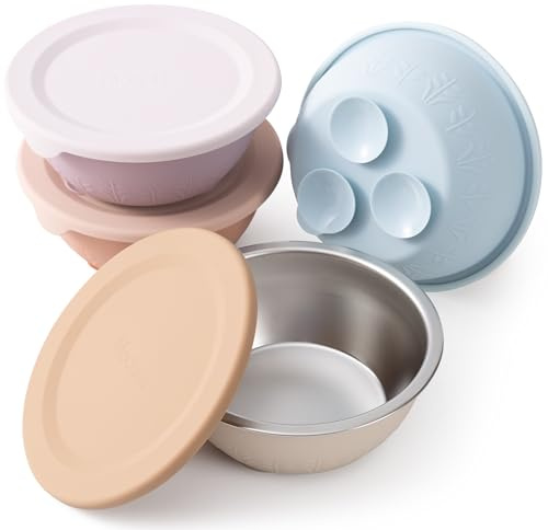 Moonkie Baby-Schalen aus Edelstahl mit Silikondeckeln & Saugbasis | Nahtloses Design | BPA-frei | 13 oz | Spülmaschinenfest | ab 4 Monaten | 4er-Pack (Puderrosa/Nebellila/Pastellblau/Warmes Sandbeige)