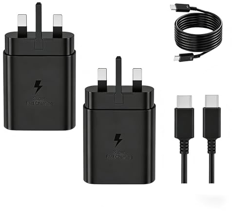 2PCS 45W USB C Fast Charger with 2x1m Cable, Compatible with Samsung Galaxy S25 S24 S23 S22 S21 Ultra Note 20 10 A55 A35 Tab S10 S9 S8, UK Plug Power Adapter for Phone Tablet