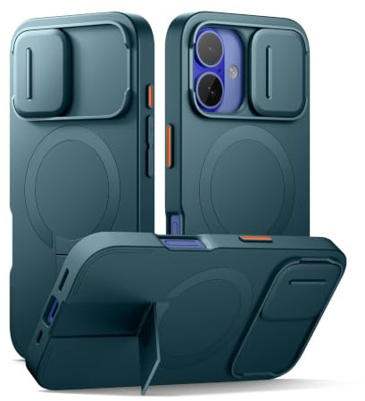 SURITCH Coque Magnétique Compatible avec iPhone 16, Coque de Protection avec Couvercle Coulissant pour Appareil Photo et Support réglable(lac Vert)