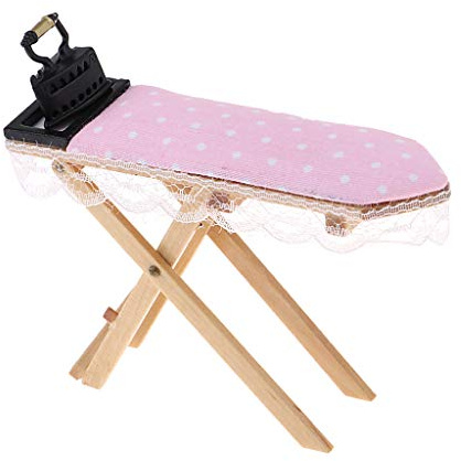 Dollhouse Miniature Laundry Furniture Pink Lace Ironing Board with Iron Accs