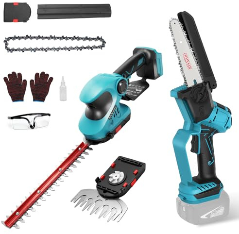 Kistrba Akku Heckenschere & Kettensäge Kombi-Set für Makita 18V, Ohne Akku | 3-in-1 Heckenschere & Grasschere und 6 Zoll Kettensäge, Bürstenloser Motor, für Baumschnitt, Sträucher- und Rasentrimmen