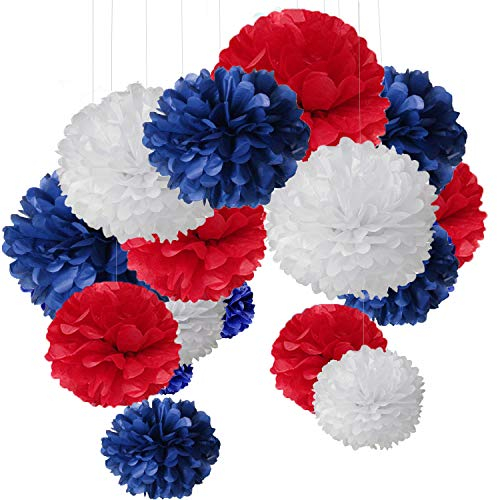 MAKFORT 15er Set Pompoms Deko Bunt Seidenpapier Pompons für Hochzeit, Geburtstag, Party Blau Rot Weiß (3pcs*30.5cm/6pcs*25cm/6pcs*15.5cm)