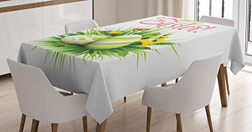 ABAKUHAUS Ostern Tischdecke, Spring Season Laub, Wasserfest Waschbar mit Klar Sichtbaren Farben kein Verblassen Personalisiert, 140 x 240 cm, Grün Gelb