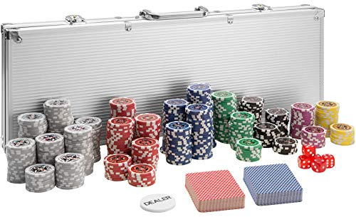 tectake® Pokerkoffer, Pokerset., Alu Koffer Set mit Pokerchips, Poker Koffer mit 500 Poker Chips, inkl. 2 Kartendecks + 5 Würfel + 1 Dealer Button, Silber