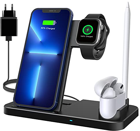 Wireless Charger,4 in 1 Induktive ladestation Mit 18W Schnelles Adapter für Apple Watch Airpods Pro, Qi-Zertifiziert Kabelloses Ladegerät für iPhone 12/SE/11/X/XR/Xs Max/8, Samsung Galaxy S20/S10