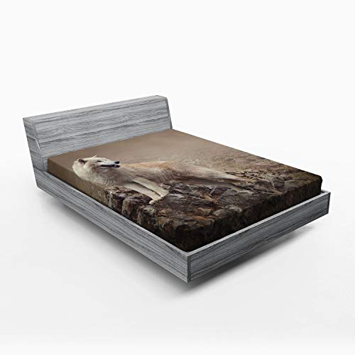 ABAKUHAUS Tier Spannbetttuch, White Wolf auf den Felsen, Soft Dekorativer Stoff Bettwäsche Rund-um Elastischer Gummizug, 140 x 200 cm, Taupe