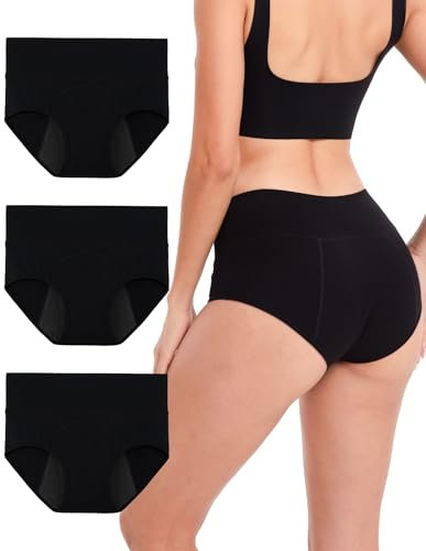 INNERSY Bragas Mujer Período Menstruales de Cintura Alta de Algodón Protección Ropa Interior Pack de 3(2XL-EU 46, 3 Negro)
