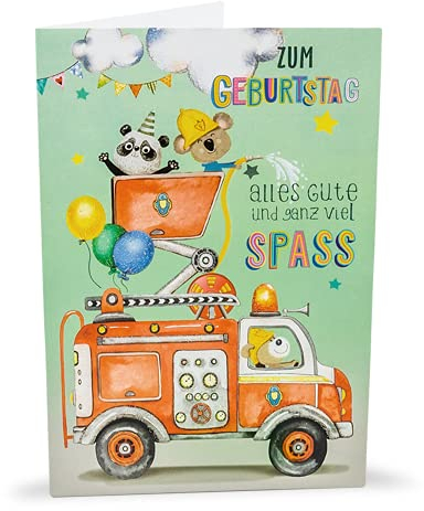 KE - Glitzernde Feuerwehr Geburtstagskarte für Jungen, Kindergeburtstags-Klappkarte DIN B6 inkl. Umschlag - Motiv Feuerwehr