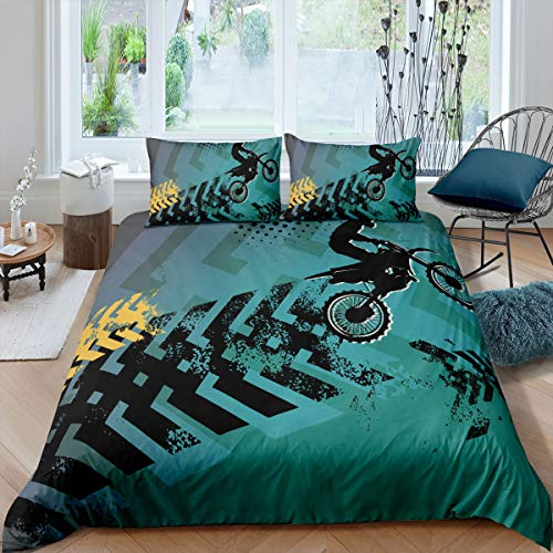 Loussiesd Junge Männer Motorrad Bettwäschezug Set 200x200cm Moto-Cross Sport Thema Bettbezug Set für Kinder Jugendliche Grün Schwarz 3 Stück Weiche Mikrofaser Betten Set Dreckiges Fahrrad Bettwäsche