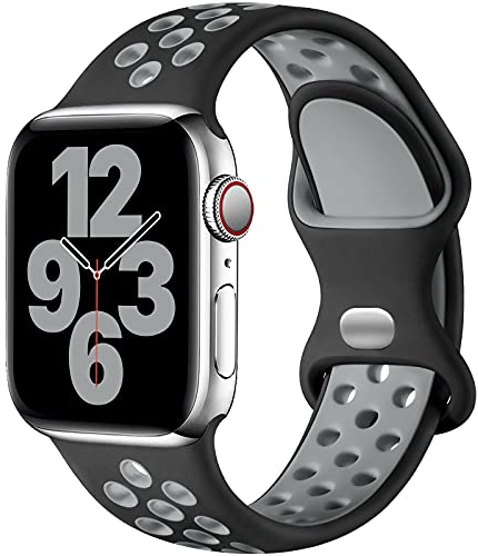 Upeak Silicona Correa Compatible con Correa Apple Watch 44mm 45mm 46mm 42mm 49mm, Pulsera Transpirable con Hebilla de Doble Agujero, para iWatch Series 10 9 8 7 6 5 4 3 2 1 Ultra SE, S, Negro/Gris