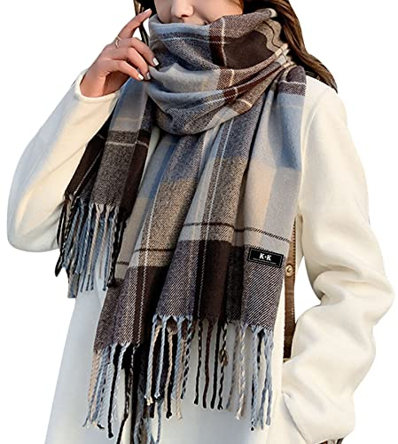 Winter-Schal, Schottenkaro, langer Schal, warme Wolle, britischer Stil, drehende Quaste, Stola für Damen, Blau+Braun, 38