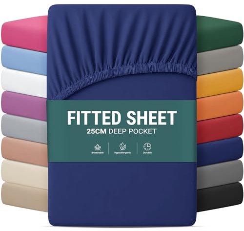 Yorkshire Bedding Superking Fitted Sheet 25 CM Navy Bed sheets with Elastic Corners Easy Care Soft Brushed Microfiber Fabric Breathable Shrinkage Fade-Resistant Bedsheets