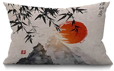 BGBDEIA Bambus-Kissenbezug, japanischer Bambus, Bäume, Sonne und Berge, Baumwolle, Leinen, dekorativ, rechteckig, Kissenbezug für Sofa und Bett, Couch, 30 x 50 cm