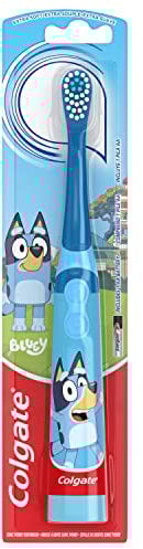 Colgate Spazzolino da denti a batteria per bambini con setole extra morbide, manico piatto, design blu, confezione da 1