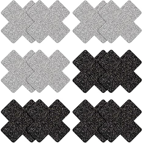 6 Paare Glitzer Nippelabdeckung Kreuzform, Cross Form Glitter Petal Pasties Selbstklebende unsichtbare dünne Brustwarzen Abdeckungen Aufkleber für Frauen Mädchen Damenbäckerei Kleid (Silber/Schwarz)