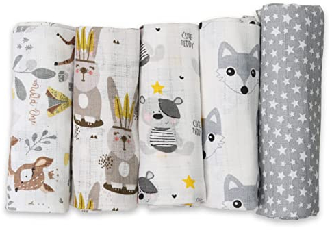 FENSILO Spucktücher Baby - Mulltücher - Stoffwindeln - 5er Pack 70x80 cm Made IN EU, schadstoffgeprüft - Spucktücher Baby Junge Mädchen Tuch mit Wolf & Hase