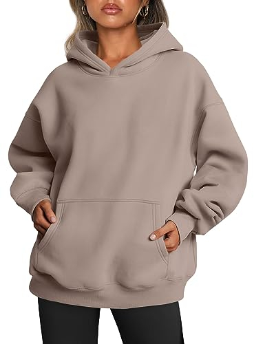 Trendy Queen Damen-Kapuzenpullover, übergroß, Fleece, langärmelig, Pullover, Herbst-Outfits mit Tasche, Kaffeegrau, L