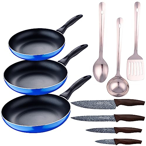 Set 3pc sarten (16+20+24cm) aluminio prensado, inducción, azul navy paradise con Set 3 pc utensilios cocina acero inoxidable con Set 4pc cuchillos ac