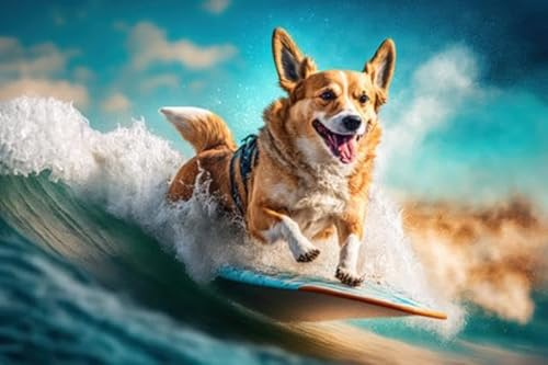 Acryl-Bild 90 x 60 cm: Hund surft auf einer Welle stock foto Hund, Surfen, Sommer, Humor, Spaß. (196379272)