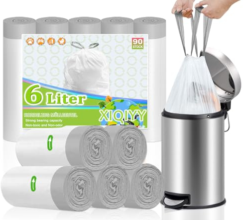 XIQIYY Kleine Müllbeutel 6L Müllsäcke mit Zugband 90 Stück Mülltüten Tragegriff Weiß Abfallbeutel,Geeignet für 5L-10Liter Mülleimer