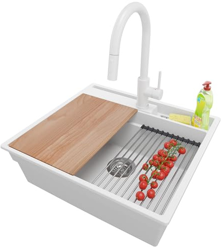 PRIMAGRAN Granitspüle ab 60er Unterschrank + Küchenarmatur, 58x53cm | Set: Küchenarmatur BW9010 + Ablauf-Set (Siphon, Ablaufgarnitur, Überlauf) + Spülbecken 1 Becken - Oslo Pocket, Weiß