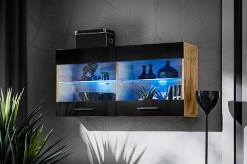 Komodee Vitrine Savona A1 Schwarz/Wotan 100x50x30 cm | Vitrine Savona, Schwarz/Wotan, Breite 100cm x Höhe 50cm x Tiefe 30cm, Blaue LEDs, 2 Glasböden, 2 Türen, für Wohnzimmer