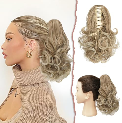 Sofeiyan Pferdeschwanz Verlängerung 28cm Klaue Clip in Pferdeschwanz Haarverlängerungen Kurz Lockig Gewellt Pferdeschwanz Extensions Synthetisches Haarteil für Frauen, Dunkelblond bis Bleichblond