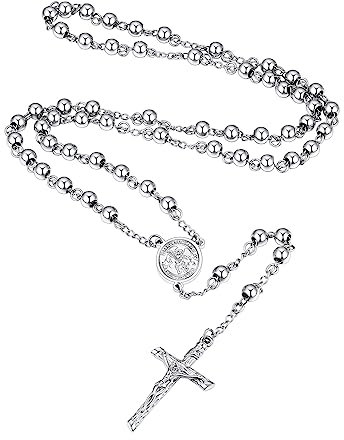Supcare Cross Necklace Men Silberkette Männer Rosenkranz Katholische Halskette Gebetskette Christlich Kette Rosary Michael Religiöse Kruzifix Anhänger Jesus Kreuz Kette Schmuck für Erntedanktag