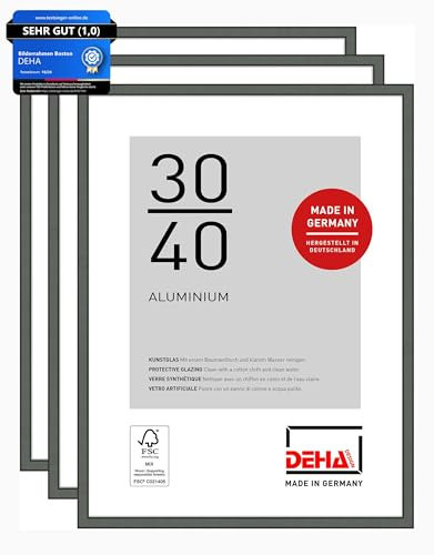DEHA Design Bilderrahmen, 30 x 40 cm (3er Set), Aluminium, Grau matt, Fotorahmen zum Aufhängen im Hoch- & Querformat, bruchsicheres Kunstglas, Boston