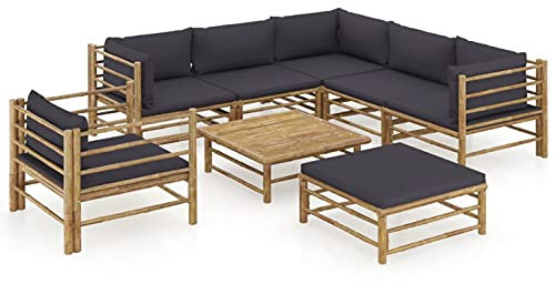 NITCA Lounge Moebel Terrasse Bambus 8-TLG.Lounge Gartenmöbel Set Holz mit Dunkelgrau Kissen Bambus Garten Sitzgruppe Lounge Terrasse Holz Balkonlounge3xEckteil+2xMittelteil+Sessel+Fußstütze+Tisch