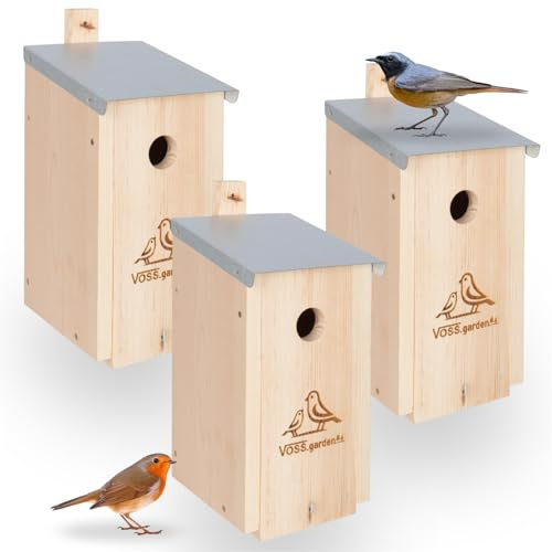 VOSS.garden 3X Nistkasten Creek Flachdach, Vogelhaus, Meisenkasten, Brutplatz, Nisthöhle für Meisen, Sperlinge, Holz wetterfest