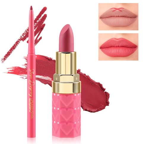Boobeen 2Pcs Lip Liner and Lipstick Makeup Set, Lip Crayon Pencil Velvety Nude Lipliner Lip Gloss Make Up Gift Sets for Women, Ultra-Long-Lasting Matte but Not Dry