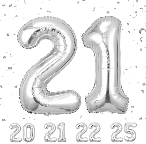 Geburtstag zahlen luftballon 21 jahre | Folienballon Sliber- Folienballon in 40-101cm Geburtstagsdeko - Ballon Zahl Deko zum Geburtstag fliegt mit Helium für Mann Frauen 21.Geburtstags