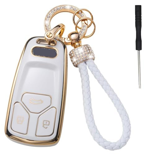 Misuyue Audi Key Cover for A4 A4L A5 A6L A8 B9 S4 S5 S7 8W Q5 Q7 4M TT TTS RS - 3 Button TPU Key Fob Cover With Leather Rope Clasp (White)