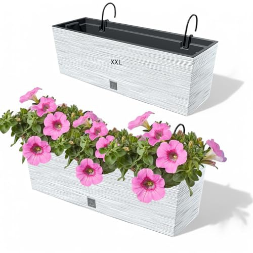 MELTOM Balkonkasten mit Halterung 58 cm Weiß 3D-Rillen Blumenkasten | Länge 58 cm · Breite 18 cm · Höhe 19,5 cm · 18 Liter · Halterung für Geländer · vertikale 3D-Rillen