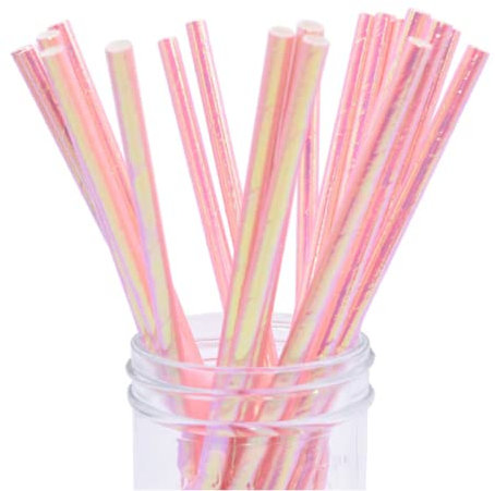 Iridescent Pink Paper Straw Biodegradable Pink Foil Drinking Straws for Birthday Decoration Mermaid Party Event Supplies