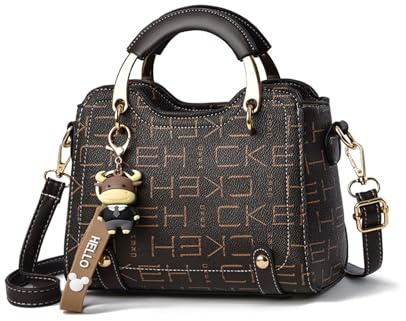 NICOLE & DORIS Handtasche Damen Klein Schultertaschen Mode Umhängetasche PU Leder Top Griff Tasche Mini Henkeltasche Mädchen Crossbody Bag mit Anhänger Kaffee mit Buchstaben