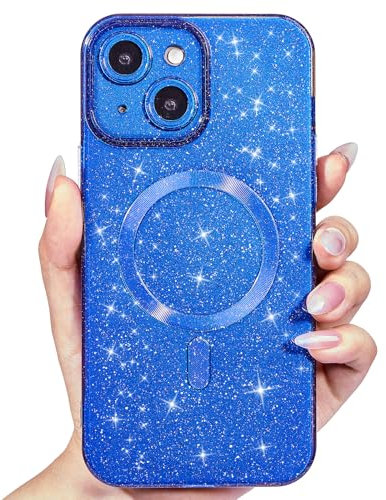 Svanove für iPhone 13 Hülle Magsafe Glitzer mit Kameraschutz, Dünn Bunt Silikon Handyhülle Mädchen Handy Hülle Magnetisch Induktives Laden, Bling Sterne Weich TPU Slim Case Schutzhülle, Neon Blau
