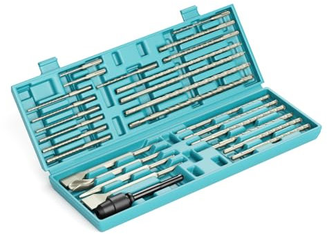 YOSIGHT 27-teiliges Bohrhammer-Bohrer- und Meißelset - SDS-Plus Hartmetallbestückte Doppelgewinde-Bohrer und Meißel & SDS-Max zu SDS-Plus Adapter, mit Aufbewahrungsbox, für Mauerwerksbau-Materialien